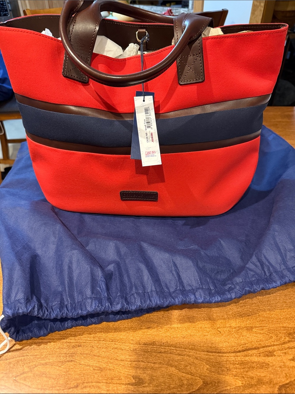 Dooney & Bourke Red and Blue Small Tote with Brown Trim